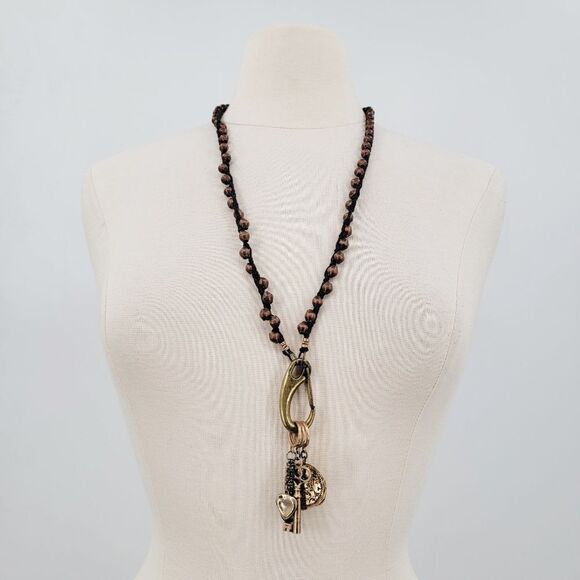 TAT2 Designs Bohemian Long Beaded Carabiner Charm Holder Coin Key Brass Necklace - Picture 2 of 15